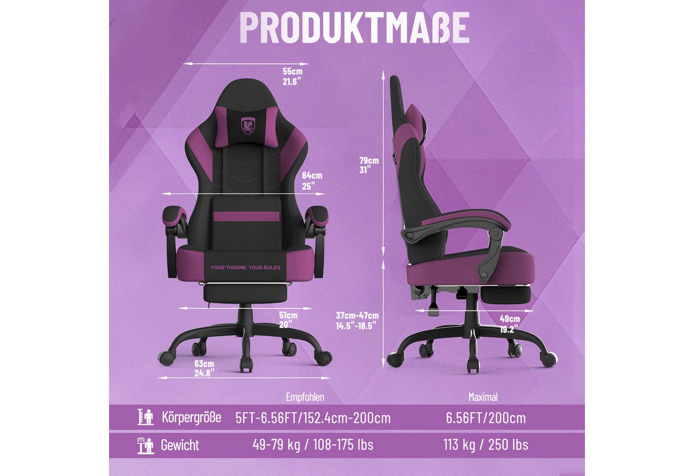 Huracan Gaming-Stuhl PC Stuhl,Gaming Sessel,mit Kopfstütze,Lumbarstütze,Fußstütze (Ergonomischer Gaming-Stuhl,90°–135° Neigung), 360° Drehbarer,ergonomisch Game – Bild 2 von 5