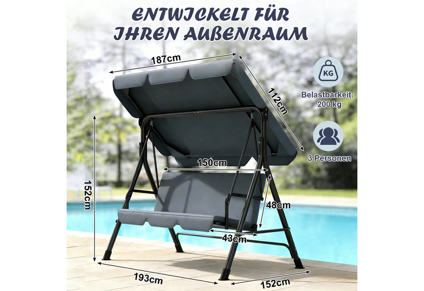 Huracan Hollywoodschaukel 3-Sitzer, Gartenschaukel mit Verstellbarem Sonnendach, 3-Sitzer, 193*110*152cm, UV-Schutz Wetterfest, Schaukelbank 220kg Belastbar – Bild 2 von 5