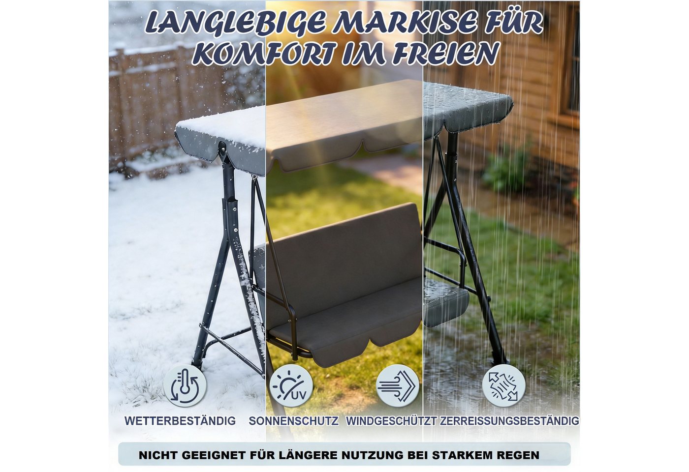 Huracan Hollywoodschaukel 3-Sitzer, Gartenschaukel mit Verstellbarem Sonnendach, 3-Sitzer, 193*110*152cm, UV-Schutz Wetterfest, Schaukelbank 220kg Belastbar – Bild 3 von 5