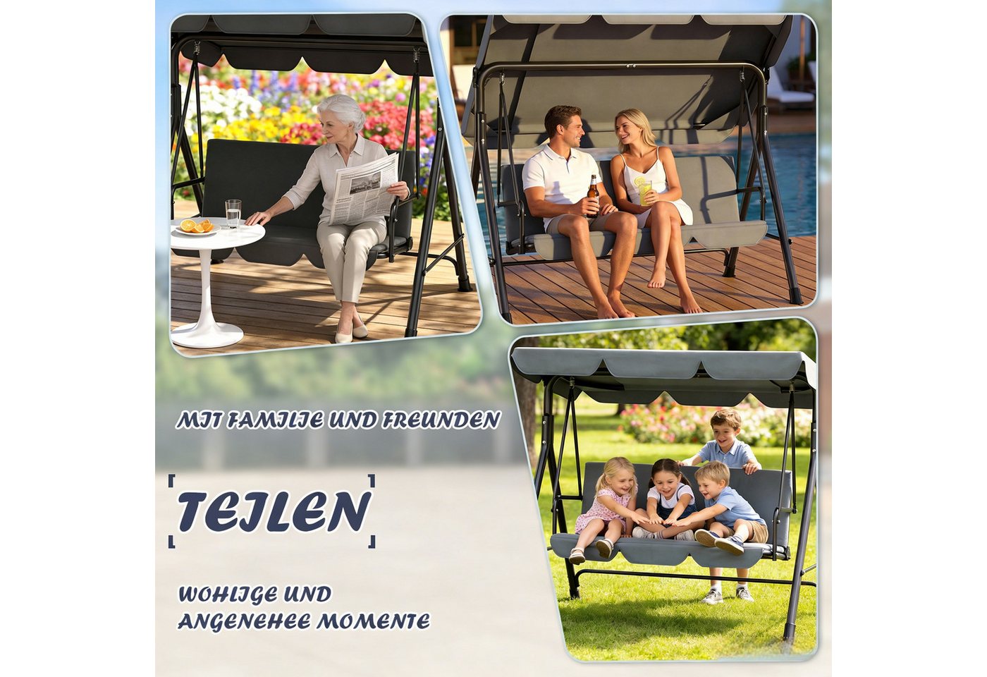 Huracan Hollywoodschaukel 3-Sitzer, Gartenschaukel mit Verstellbarem Sonnendach, 3-Sitzer, 193*110*152cm, UV-Schutz Wetterfest, Schaukelbank 220kg Belastbar – Bild 4 von 5