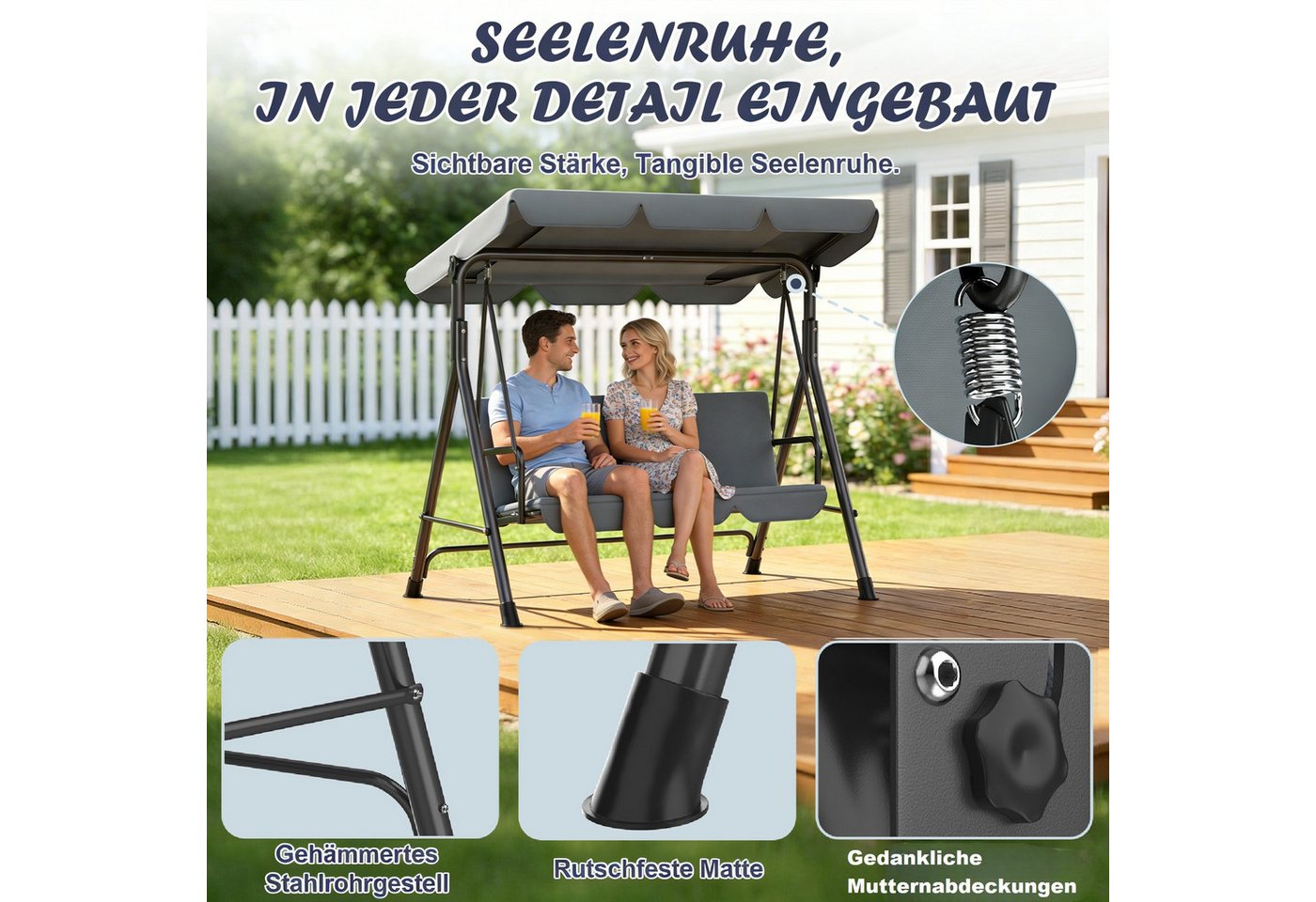 Huracan Hollywoodschaukel 3-Sitzer, Gartenschaukel mit Verstellbarem Sonnendach, 3-Sitzer, 193*110*152cm, UV-Schutz Wetterfest, Schaukelbank 220kg Belastbar – Bild 5 von 5