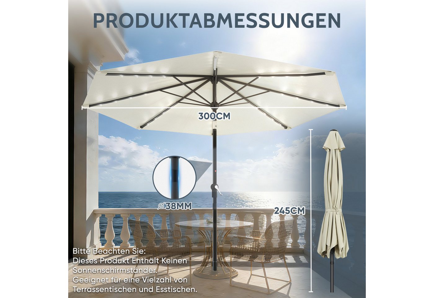 Huracan Sonnenschirm Strandschirm Neigbar, Sonnenschirme,Balkonschirm,Gartenschirm, Strandschirm mit/ohne LED, 300/350cm Durchmesser, neigbar/knickbar – Bild 2 von 5