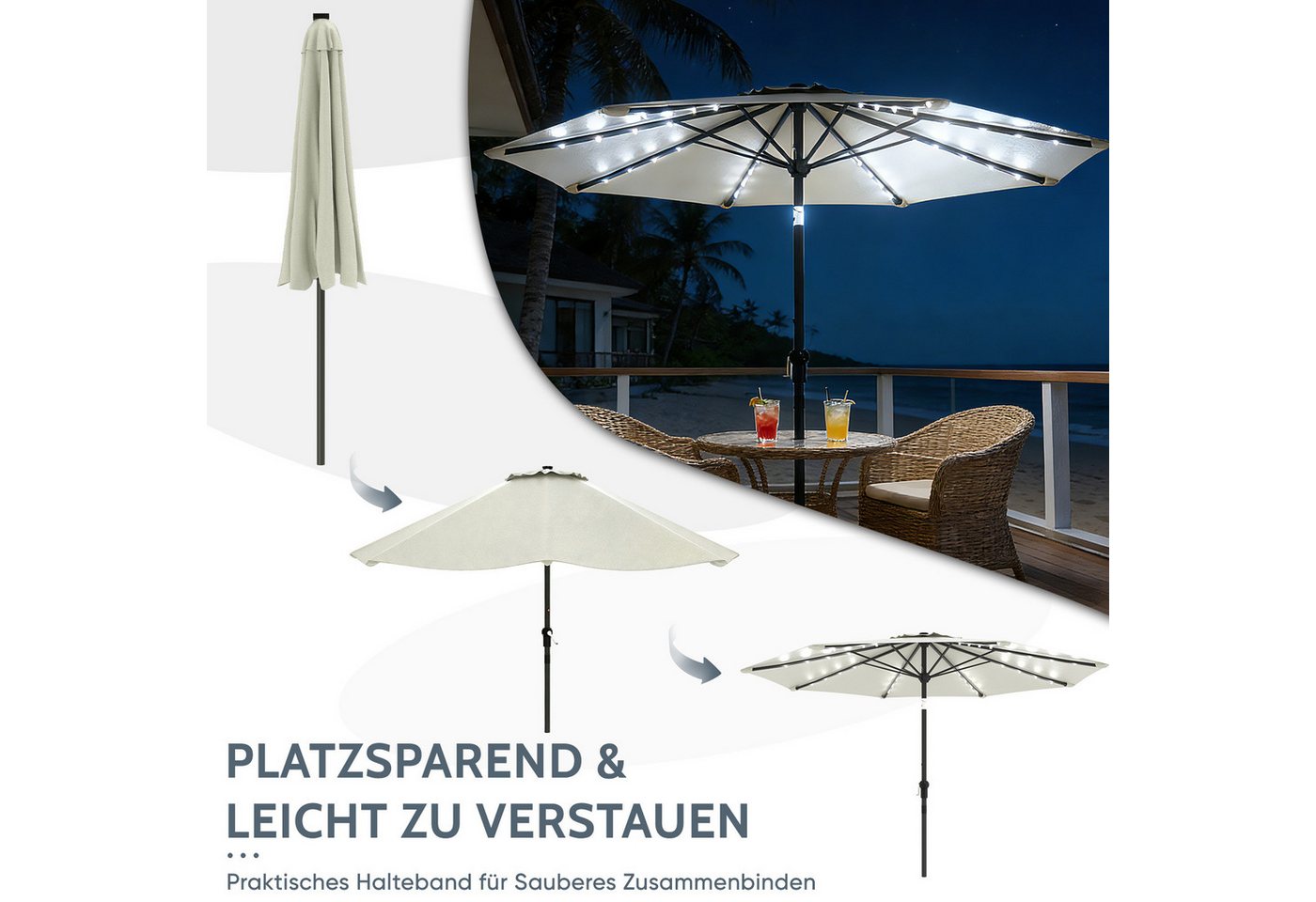 Huracan Sonnenschirm Strandschirm Neigbar, Sonnenschirme,Balkonschirm,Gartenschirm, Strandschirm mit/ohne LED, 300/350cm Durchmesser, neigbar/knickbar – Bild 3 von 5