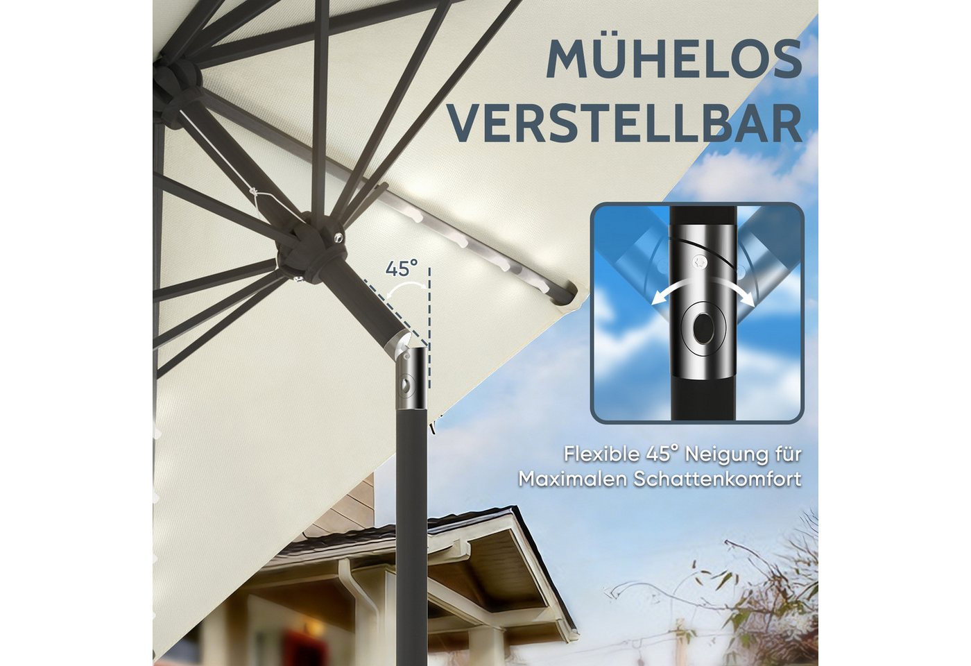Huracan Sonnenschirm Strandschirm Neigbar, Sonnenschirme,Balkonschirm,Gartenschirm, Strandschirm mit/ohne LED, 300/350cm Durchmesser, neigbar/knickbar – Bild 4 von 5