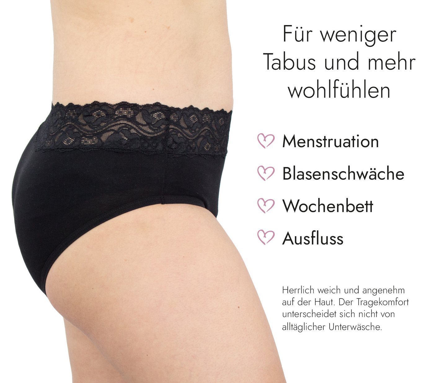 Hydas Inkontinenzslip mit elegantem Spitzenbund und integrierter Saugeinlage, aus Baumwolle Schutz bei Blasenschwäche, während der Periode oder im Wochenbett – Bild 2 von 5