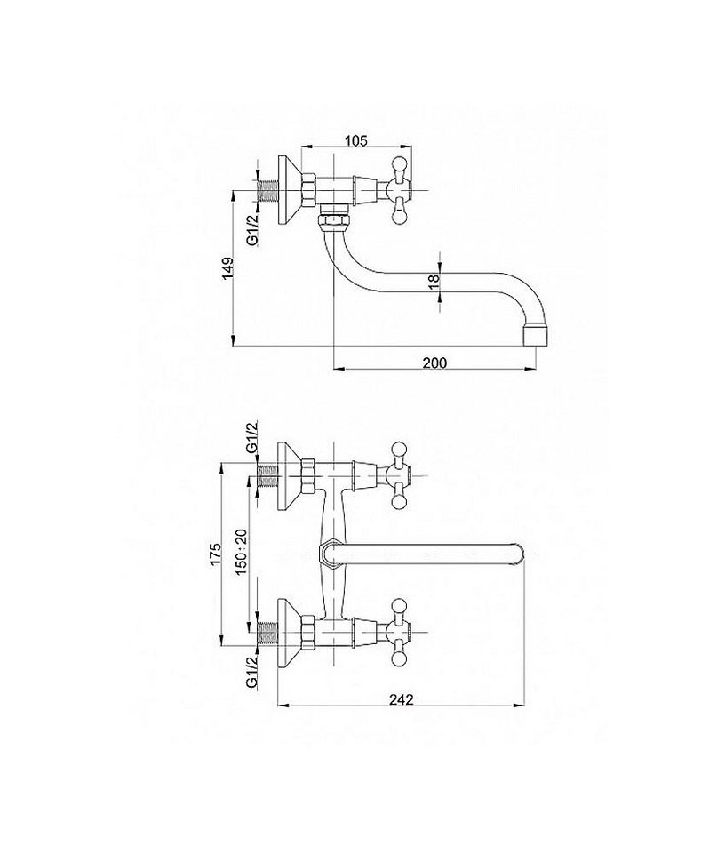 Hydroland Spültischarmatur Retro Zweigriffmischer Spültisch- / Waschtischarmatur für Wandmontage Chrom – Bild 2 von 2