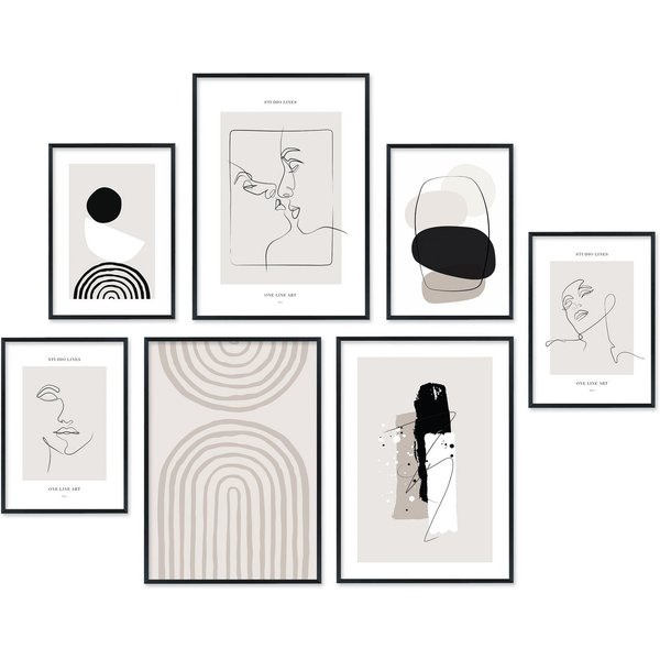 Hyggelig Home Poster Line Art, Premium Poster Set OHNE & MIT Rahmen - Wandbild schwarz weiß, Linien (Set, 7 St), Collage Gesichter Qualitätsdruck auf dickem Pap