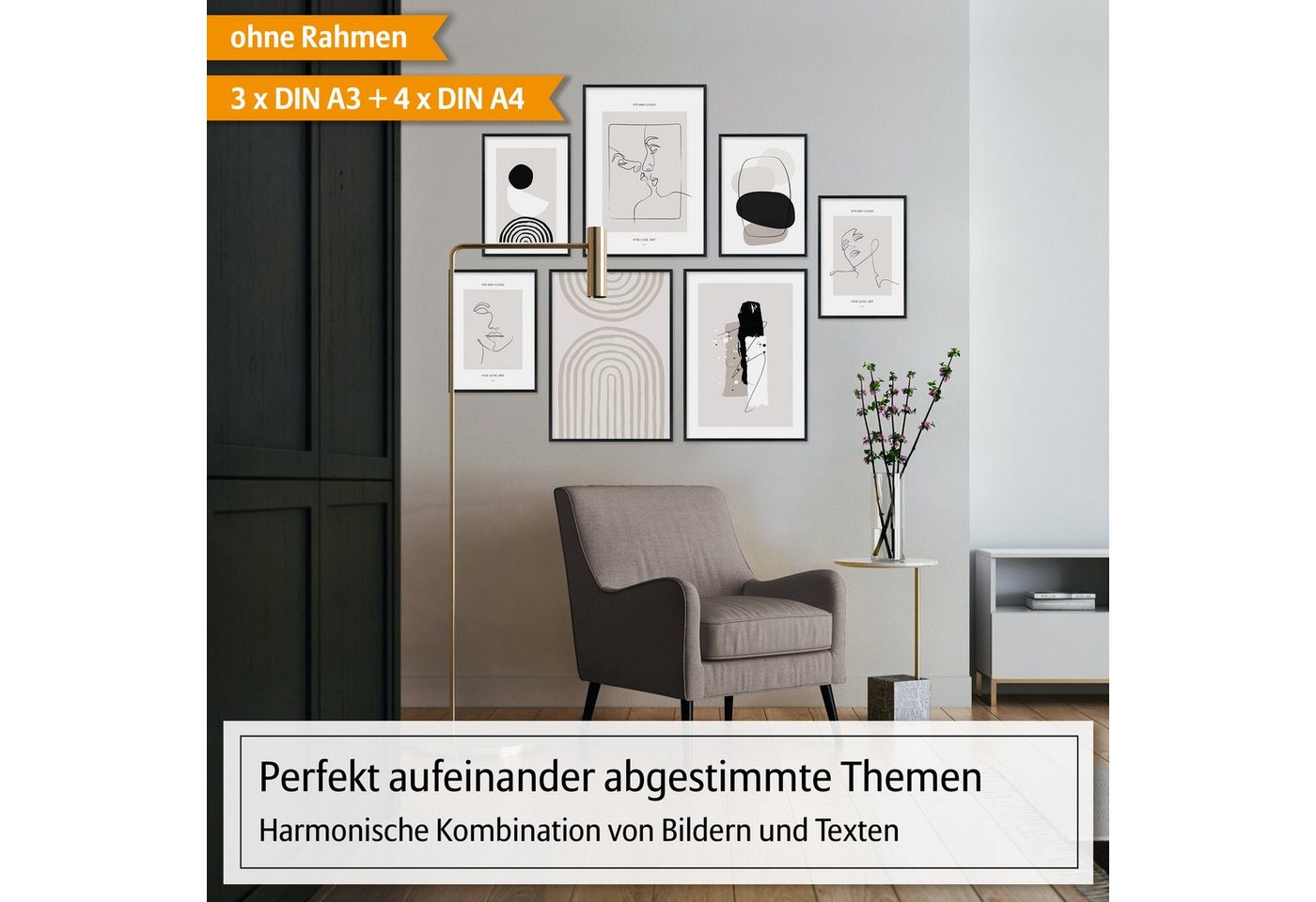 Hyggelig Home Poster Line Art, Premium Poster Set OHNE & MIT Rahmen - Wandbild schwarz weiß, Linien (Set, 7 St), Collage Gesichter Qualitätsdruck auf dickem Pap – Bild 2 von 5