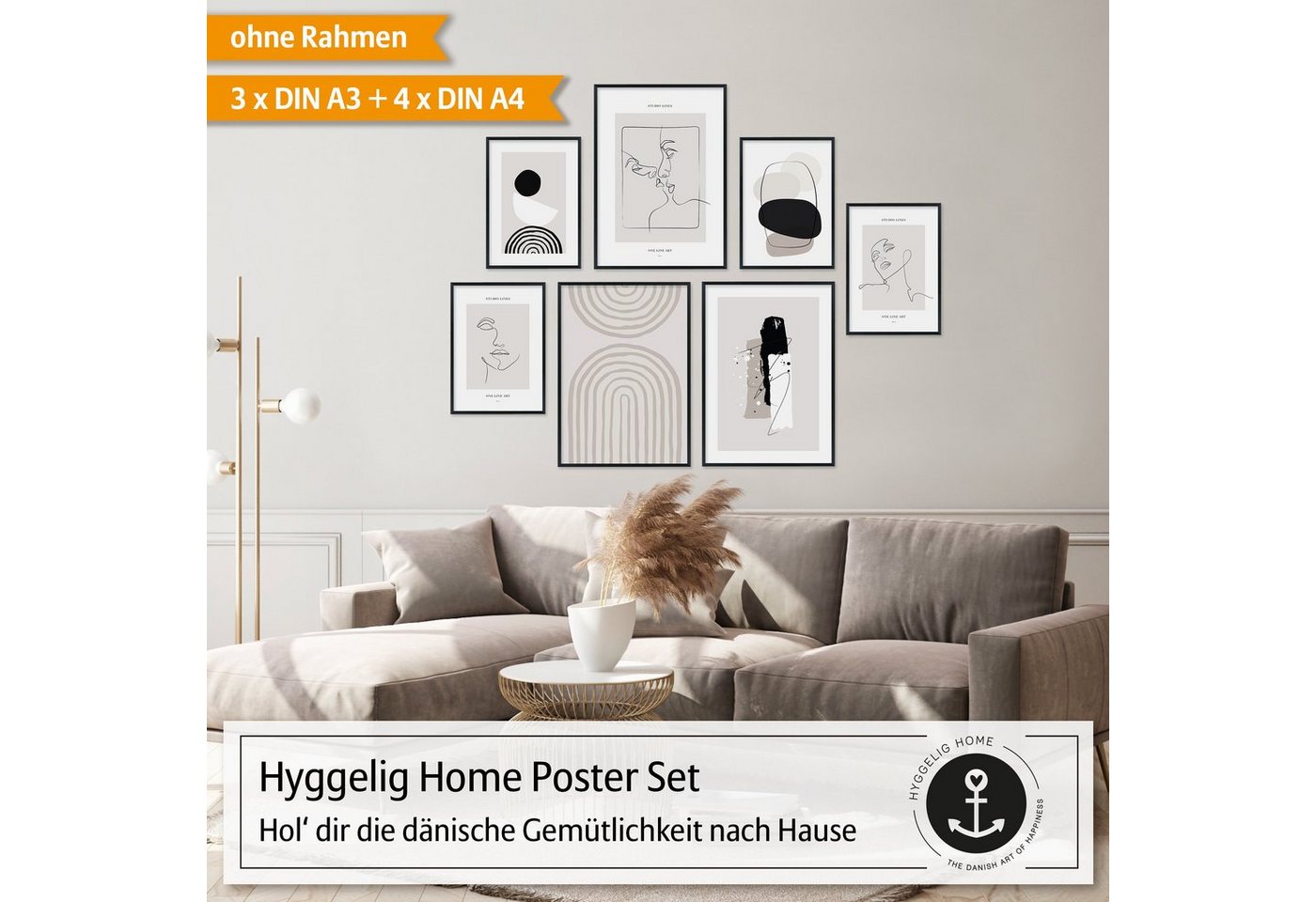 Hyggelig Home Poster Line Art, Premium Poster Set OHNE & MIT Rahmen - Wandbild schwarz weiß, Linien (Set, 7 St), Collage Gesichter Qualitätsdruck auf dickem Pap – Bild 3 von 5
