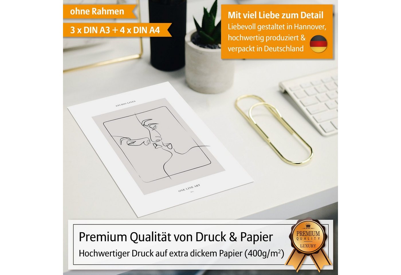 Hyggelig Home Poster Line Art, Premium Poster Set OHNE & MIT Rahmen - Wandbild schwarz weiß, Linien (Set, 7 St), Collage Gesichter Qualitätsdruck auf dickem Pap – Bild 4 von 5