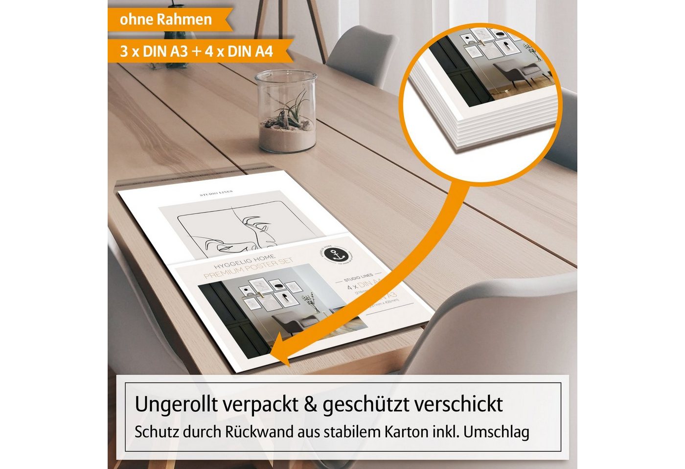Hyggelig Home Poster Line Art, Premium Poster Set OHNE & MIT Rahmen - Wandbild schwarz weiß, Linien (Set, 7 St), Collage Gesichter Qualitätsdruck auf dickem Pap – Bild 5 von 5