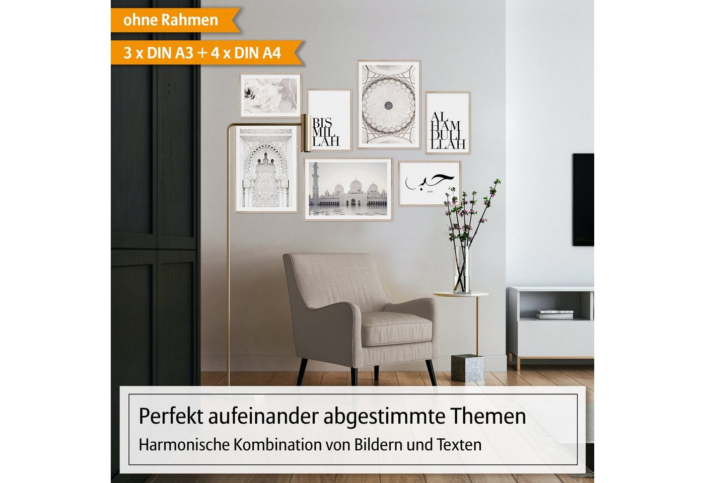 Hyggelig Home Poster Moschee, Premium Poster Set OHNE & MIT Rahmen - 7 Wandbilder Bismillah, Arabic (Set, 7 St), Collage Alhamdulillah Qualitätsdruck dickes Pap – Bild 2 von 5