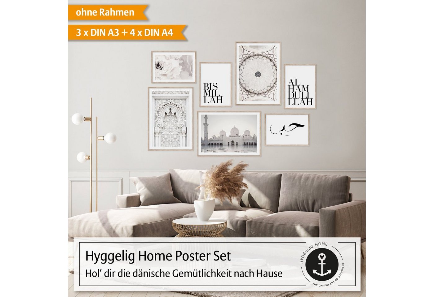 Hyggelig Home Poster Moschee, Premium Poster Set OHNE & MIT Rahmen - 7 Wandbilder Bismillah, Arabic (Set, 7 St), Collage Alhamdulillah Qualitätsdruck dickes Pap – Bild 3 von 5