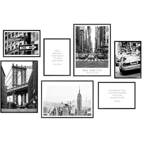 Hyggelig Home Poster New York, Premium Poster Set OHNE & MIT Rahmen - Wandbild schwarz weiß, Stadt (Set, 7 St), Collage Broadway, Qualitätsdruck dickes Papier