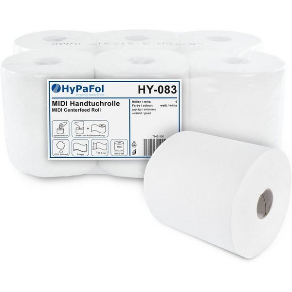 Hypafol Papierhandtuch geprägte Papierhandtuchrolle, 2-lagig, Zellstoff, Ø19 cm, 6 Rollen (1-St), Innen- und Aussenabwicklung