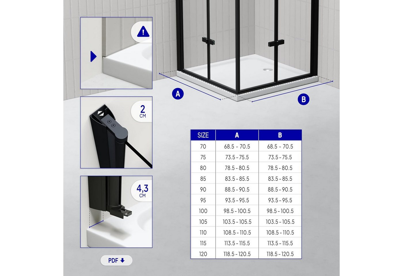 i-flair Eckdusche Falttür Duschkabine EMMA aus durchsichtigem 6 mm Sicherheitsglas, BxT: 70x70 cm, Einscheibensicherheitsglas, ohne Duschtasse, mit hochwertigen – Bild 3 von 5