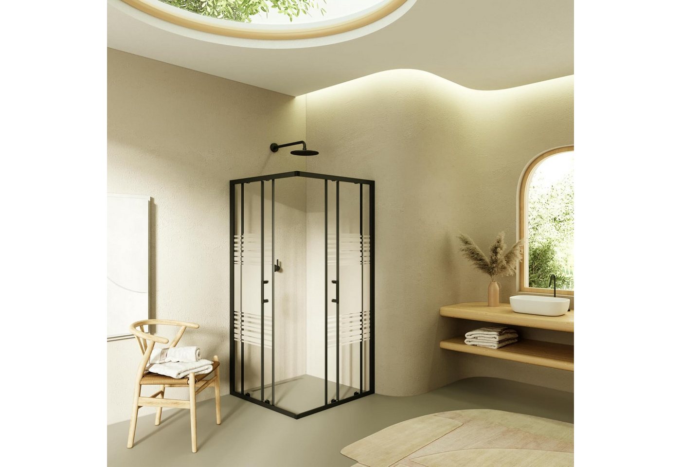 i-flair Eckdusche Schiebetür Duschkabine DANIELLE aus teilsatiniertem 6 mm ESG, BxT: 80x80 cm, Einscheibensicherheitsglas, ohne Duschtasse, mit hochwertigen Alu – Bild 2 von 5
