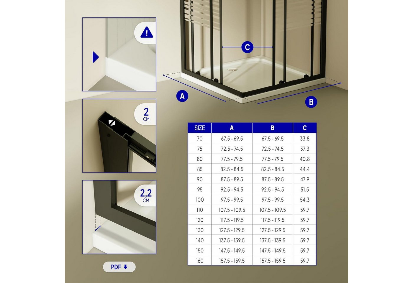 i-flair Eckdusche Schiebetür Duschkabine DANIELLE aus teilsatiniertem 6 mm ESG, BxT: 80x80 cm, Einscheibensicherheitsglas, ohne Duschtasse, mit hochwertigen Alu – Bild 3 von 5