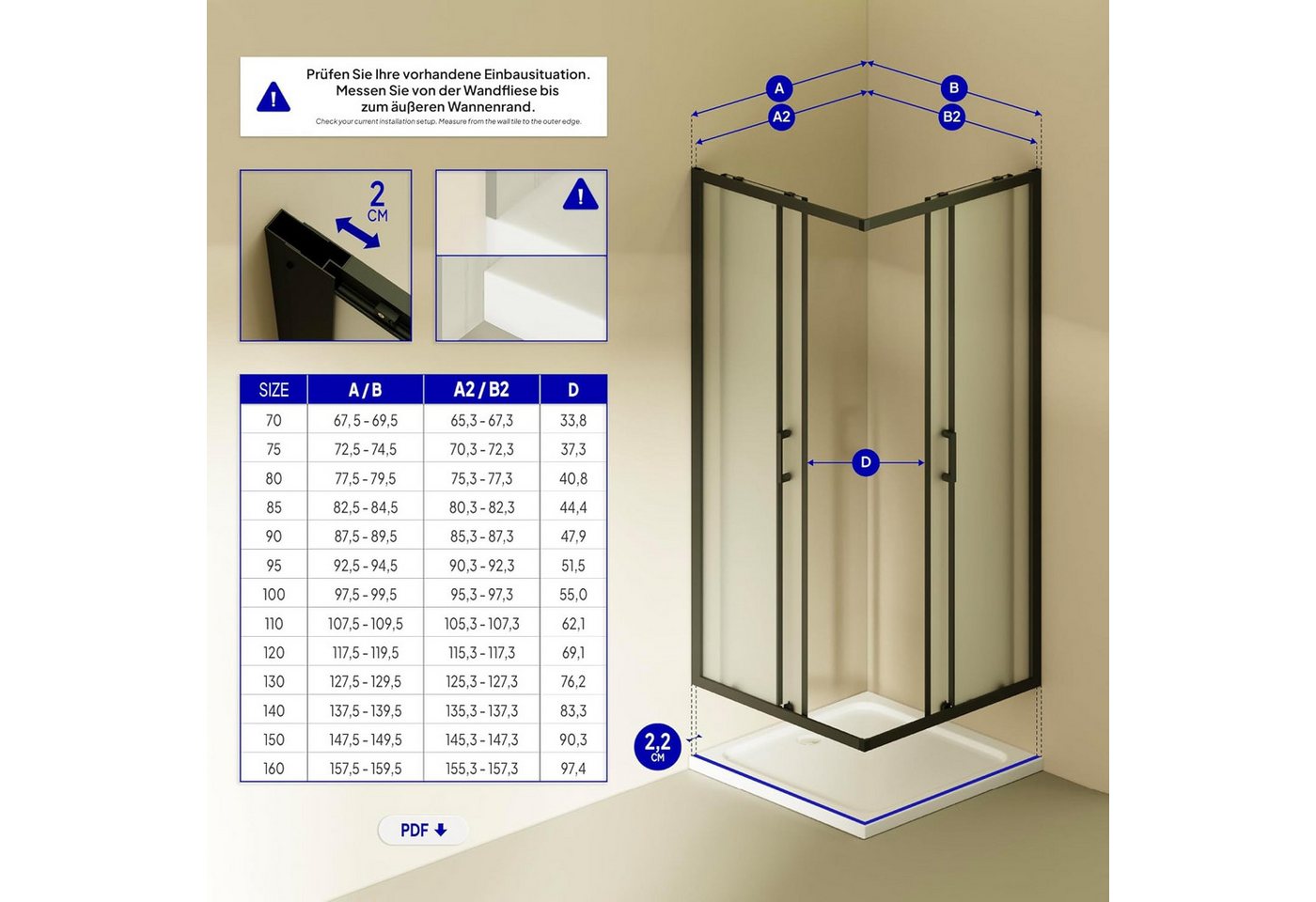 i-flair Eckdusche Schiebetür Duschkabine DANIELLE aus satiniertem 6 mm ESG, BxT: 95x95 cm, Einscheibensicherheitsglas, ohne Duschtasse, mit hochwertigen Alumini – Bild 3 von 5