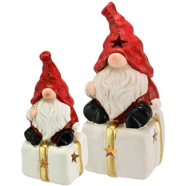 I.GE.A. Dekofigur Wichtel auf Geschenk (2 St), Mit LED 2er Set Weihnachtsdeko Kunstfigur Deko Statue Skulptur