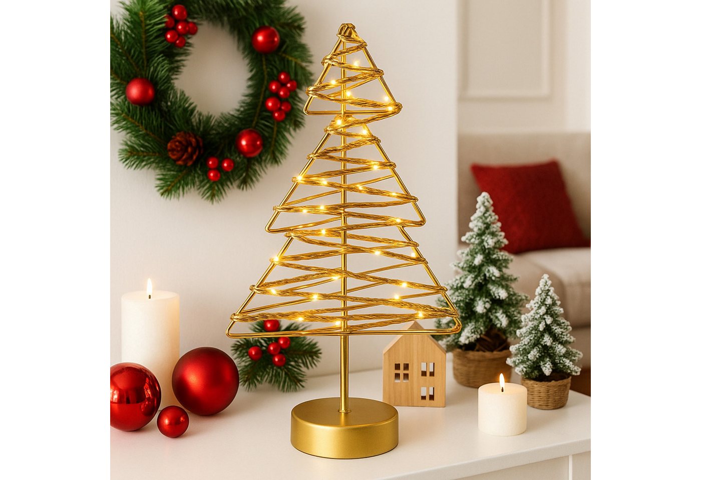 I.GE.A. LED-Dekofigur LED-Dekoobjekt Baum (1 St), Tannenbaum Metall Gold warmweiß Timer Batteriebetrieb Weihnachtsdeko – Bild 2 von 5