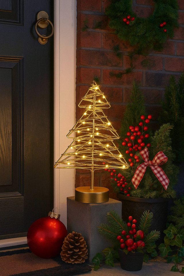 I.GE.A. LED-Dekofigur LED-Dekoobjekt Baum (1 St), Tannenbaum Metall Gold warmweiß Timer Batteriebetrieb Weihnachtsdeko – Bild 3 von 5