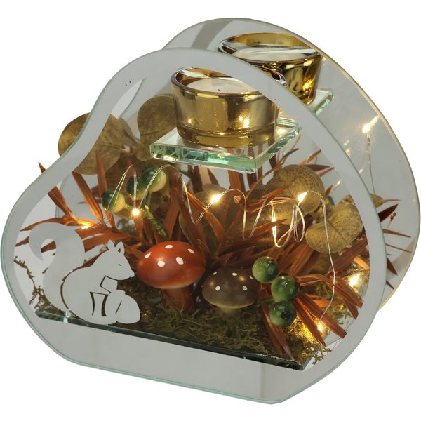 I.GE.A. Teelichthalter Teelichthalter aus Glas mit Teelichtkerze (1 St), Herbstlich dekoriert mit Pilze Eichhörnchen Herbstlaub Kerze Windlicht