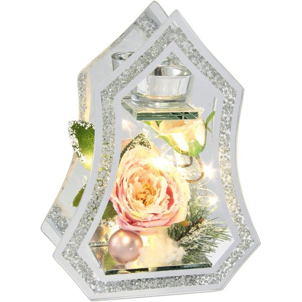 I.GE.A. Teelichthalter Deko-Objekt mit LED Licht und Teelichtkerze (1 St), Mit Rose Tanne Kugel Kunstschnee Weihnachtsdeko Kerzenhalter Geschenk