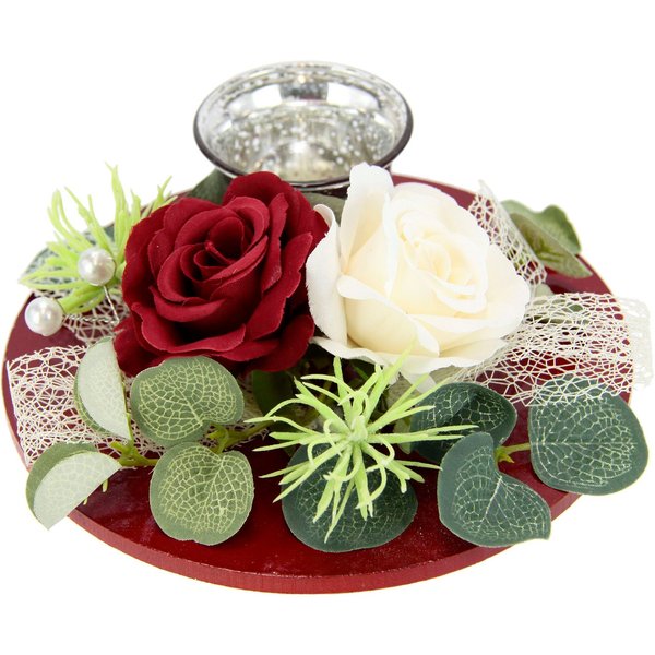 I.GE.A. Teelichthalter Mit Glaseinsatz und Teelichtkerze, künstlichen Rosen Eukalyptus (1 St), Kerzenständer Kerzenhalter Tischdeko Kerzen Muttertag Valentinsta