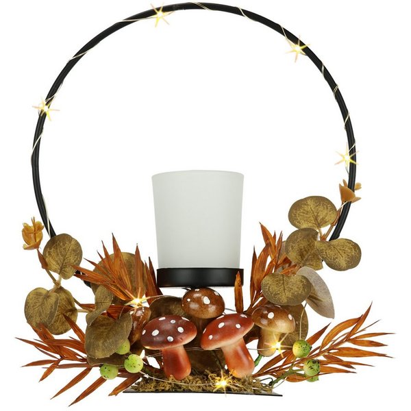 I.GE.A. Teelichthalter Teelichthalter mit Metall-Bogen LED-Licht (1 St), Herbstlich dekoriert Herbstlaub Eukalyptus Teelicht-Glas