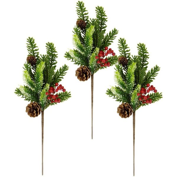 Winterliche Kunstpflanze Kunstzweig, Weihnachtsdeko Tannenzweig, I.GE.A., Höhe 45 cm, mit echten Zapfen und Beeren, 3er Set, grün, rot, natur