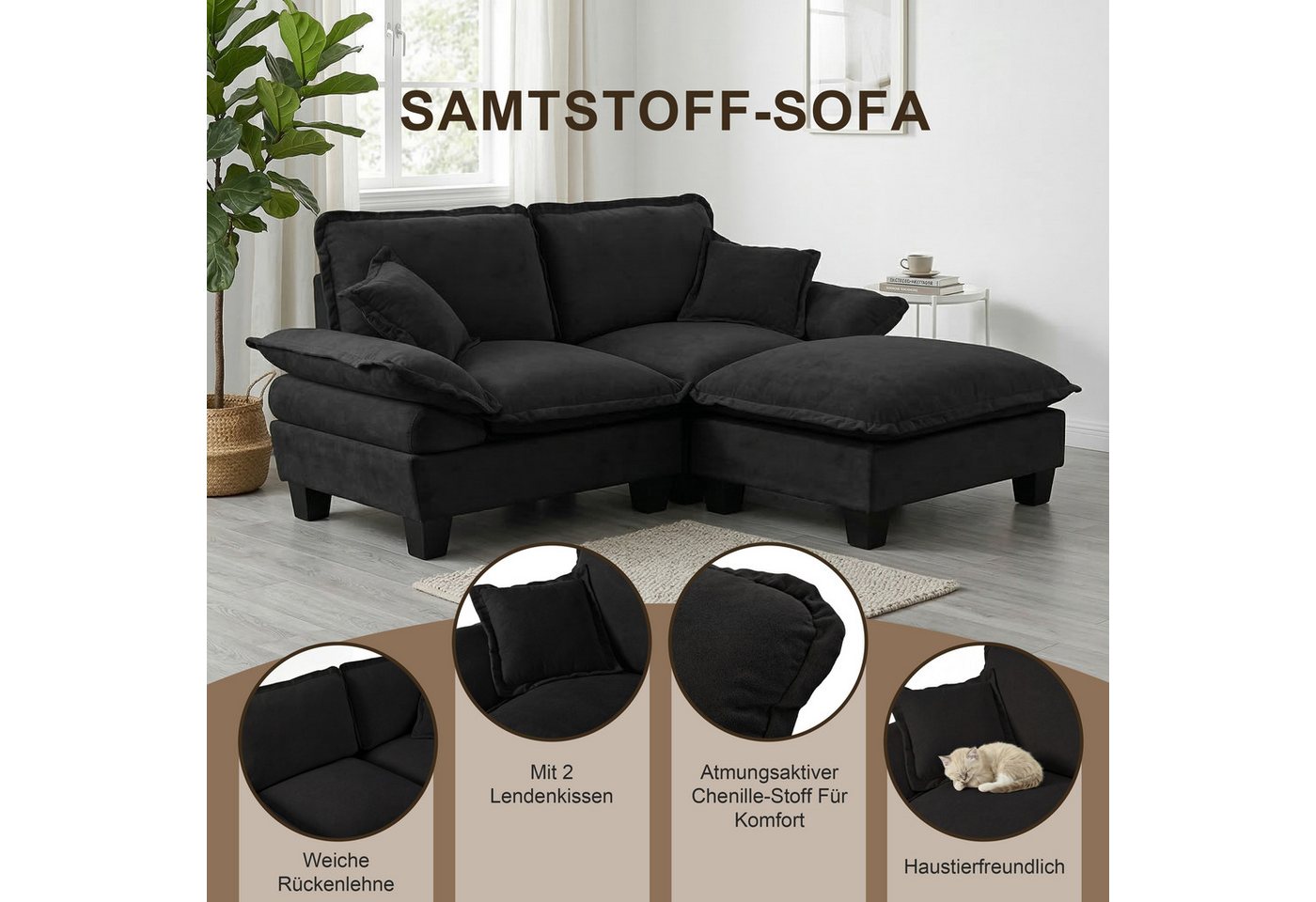 i@home 2-Sitzer Polstersofa, 2 Sitzer Sofa Klein Couch, Modernes Sofa, Schwarz, Set 1 Teile, 194 cm Polstersofa aus Chenille-Stoff, Doppelsofa für Wohnzimmer – Bild 2 von 5