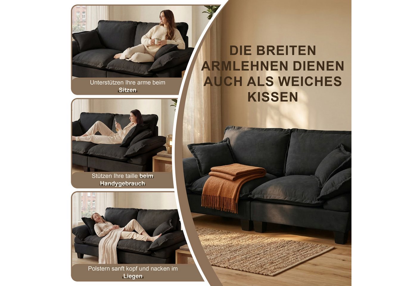 i@home 2-Sitzer Polstersofa, 2 Sitzer Sofa Klein Couch, Modernes Sofa, Schwarz, Set 1 Teile, 194 cm Polstersofa aus Chenille-Stoff, Doppelsofa für Wohnzimmer – Bild 3 von 5