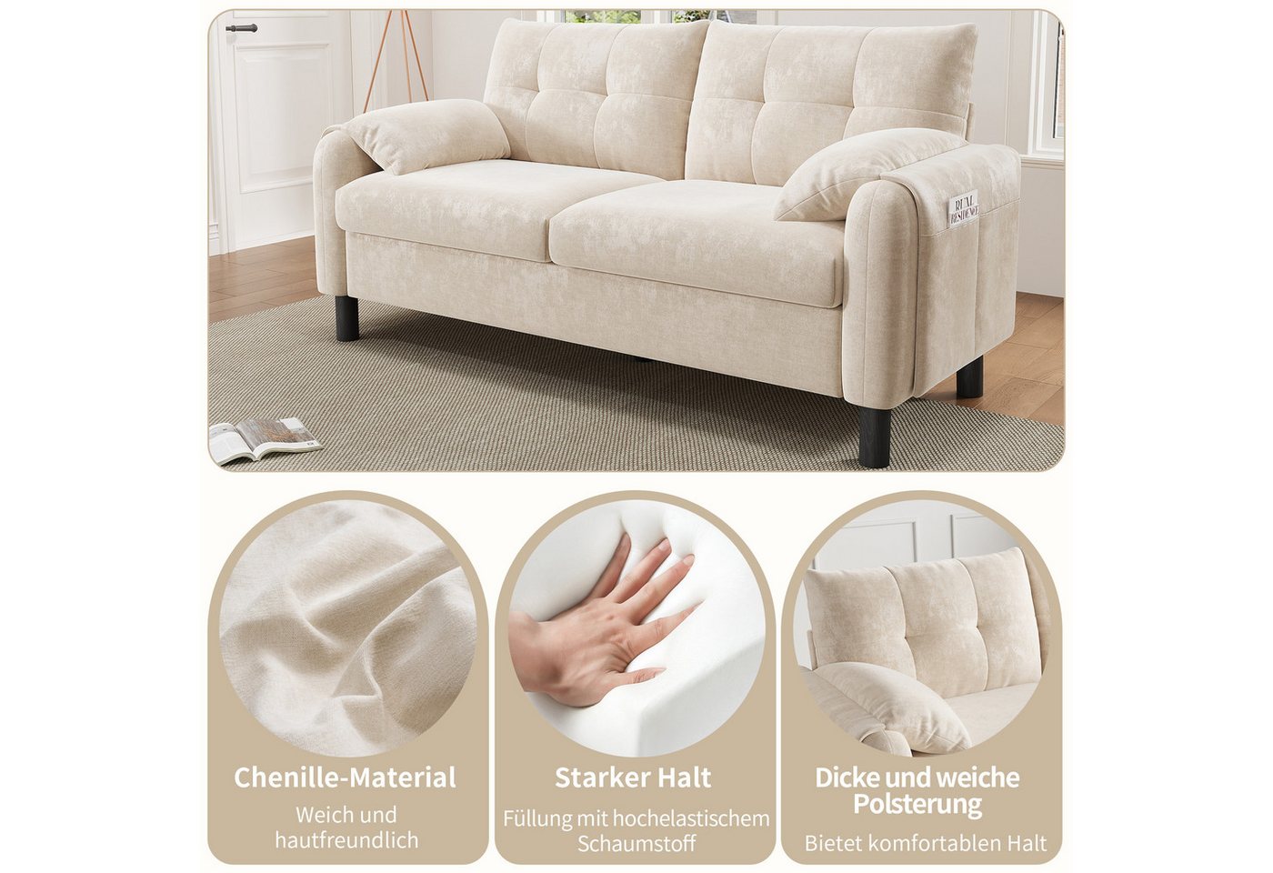 i@home 2-Sitzer Polstersofa, 2 Sitzer Sofa Klein Couch, Modernes Sofa, 158 cm Polstersofa aus Chenille-Stoff, Doppelsofa für Wohnzimmer,beige – Bild 3 von 5