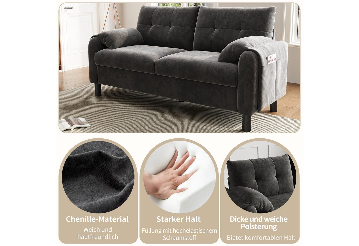i@home 2-Sitzer Polstersofa, 2 Sitzer Sofa Klein Couch, Modernes Sofa, 158 cm Polstersofa aus Chenille-Stoff, Doppelsofa für Wohnzimmer,grau – Bild 4 von 5