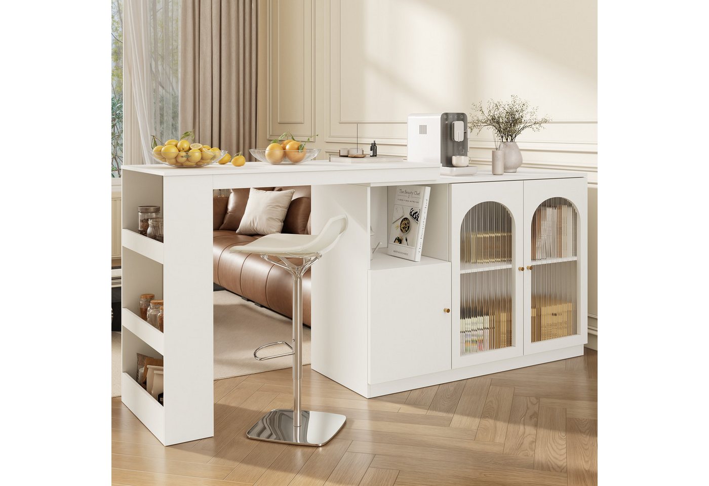 i@home Bartisch 360° drehbar, Esstheke, Kücheninsel mit Stauraum Sideboard (Bis 60 kg belastbar, Aufbewahrungsschrank mit Changhong-Glastür), Um 360° drehbarer, – Bild 2 von 5
