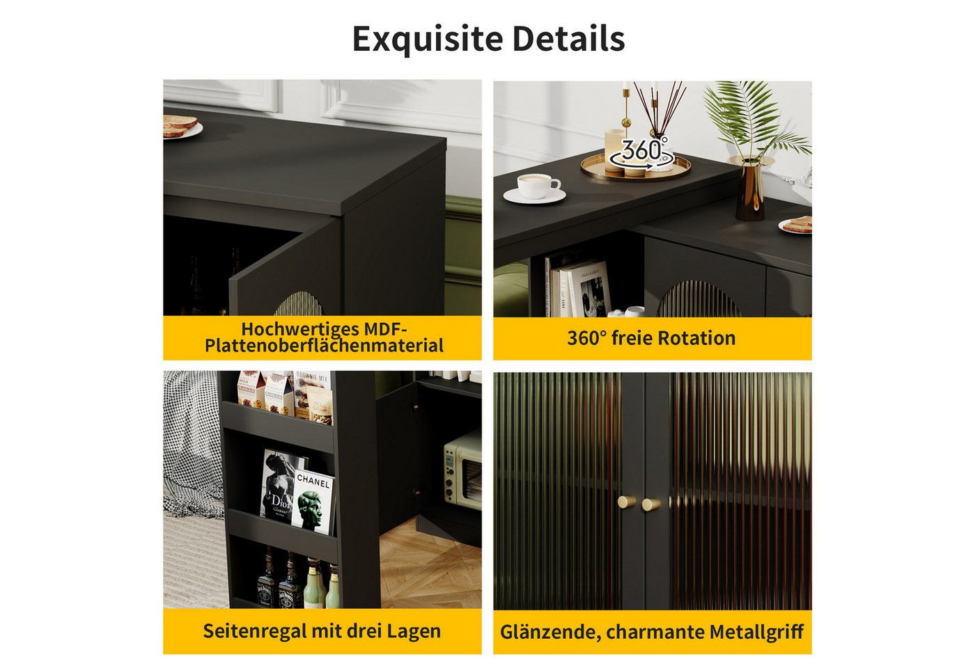 i@home Bartisch Um 360° drehbarer, Hauptkörper 120 x 40 x 97 cm (Bis 60 kg belastbar, Aufbewahrungsschrank mit Changhong-Glastür), moderner und einfacher schwar – Bild 2 von 5