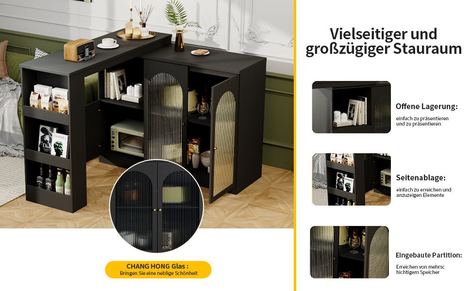 i@home Bartisch Um 360° drehbarer, Hauptkörper 120 x 40 x 97 cm (Bis 60 kg belastbar, Aufbewahrungsschrank mit Changhong-Glastür), moderner und einfacher schwar – Bild 4 von 5