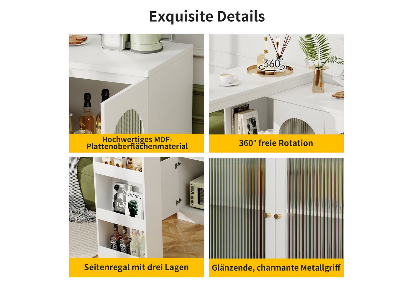 i@home Bartisch Um 360° drehbarer, Hauptkörper 120 x 40 x 97 cm (Bis 60 kg belastbar, Aufbewahrungsschrank mit Changhong-Glastür), moderner und einfacher weißer – Bild 4 von 5