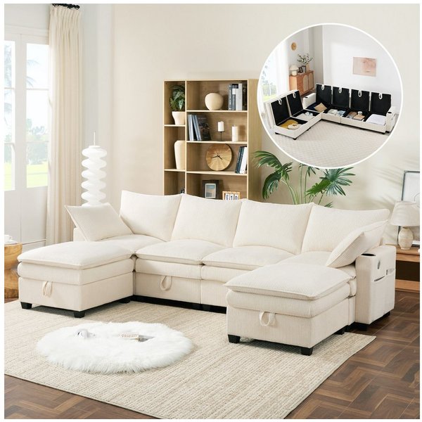 i@home Ecksofa 6-Sitzer-Sofa, L-förmiges Sofa, mit Abnehmbarem Hocker, USB-Anschlüssen und Getränkehaltern, grau/weiß