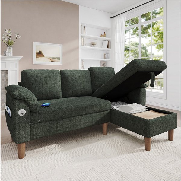 i@home Ecksofa L-förmiges Ecksofa, 3-Sitzer Sofa mit Stauraum-Chaiselongue, links/rechts montierbar, Seitentasche,Ecksofa, Chenille Stoff, Grün