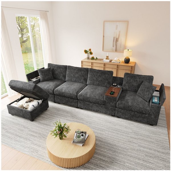 i@home Ecksofa L-förmiges Sofa, 4-Sitzer Sofa mit Hocker, USB-/Typ-C-Anschlüssen, Getränkehaltern, 360° drehbarem Couchtisch