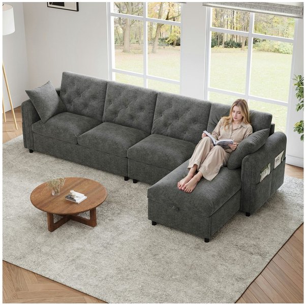 i@home Ecksofa L-förmiges Sofa, 4-Sitzer Sofa, Beige/Grau, mit Magazintaschen, Rückenlehne mit Knopfheftung, (281×86×71 cm)