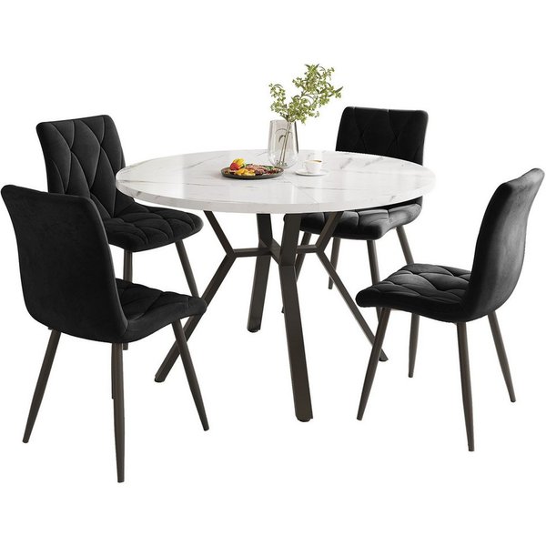i@home Essgruppe rundes Esstisch aus Marmor mit 4 Samtstühle, grau/schwarz/grün, (5-teilig), Tischbeine aus schwarzem Metall