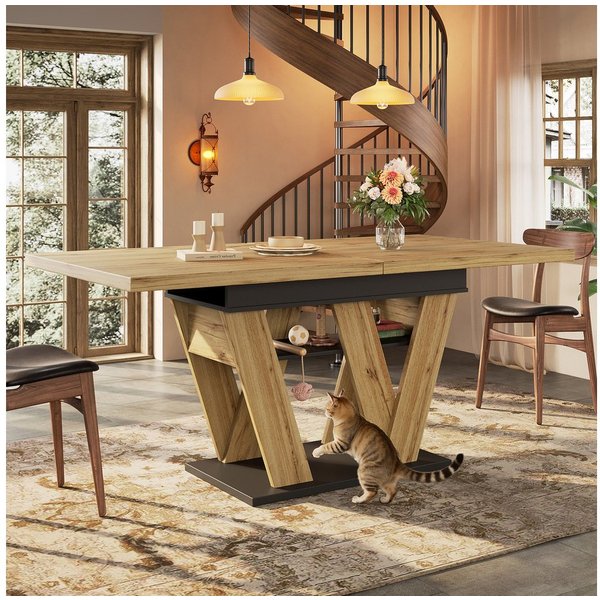 i@home Esstisch Teleskoptisch 119-158,5×80cm (Ausziehtisch mit W-förmigen Beinen und integriertem Stauraum), ideal für Küche, Wohnzimmer & Haustiere