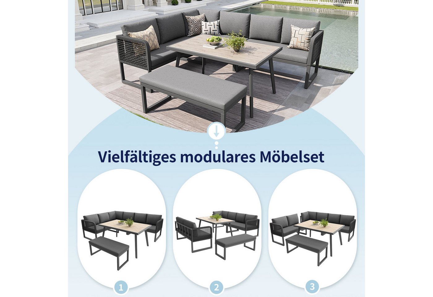 i@home Gartenlounge-Set, (5-tlg), für 6-8 Personen, Handgeflochtene PE-Rattan Polstergruppe,Wetterfestes – Bild 3 von 5