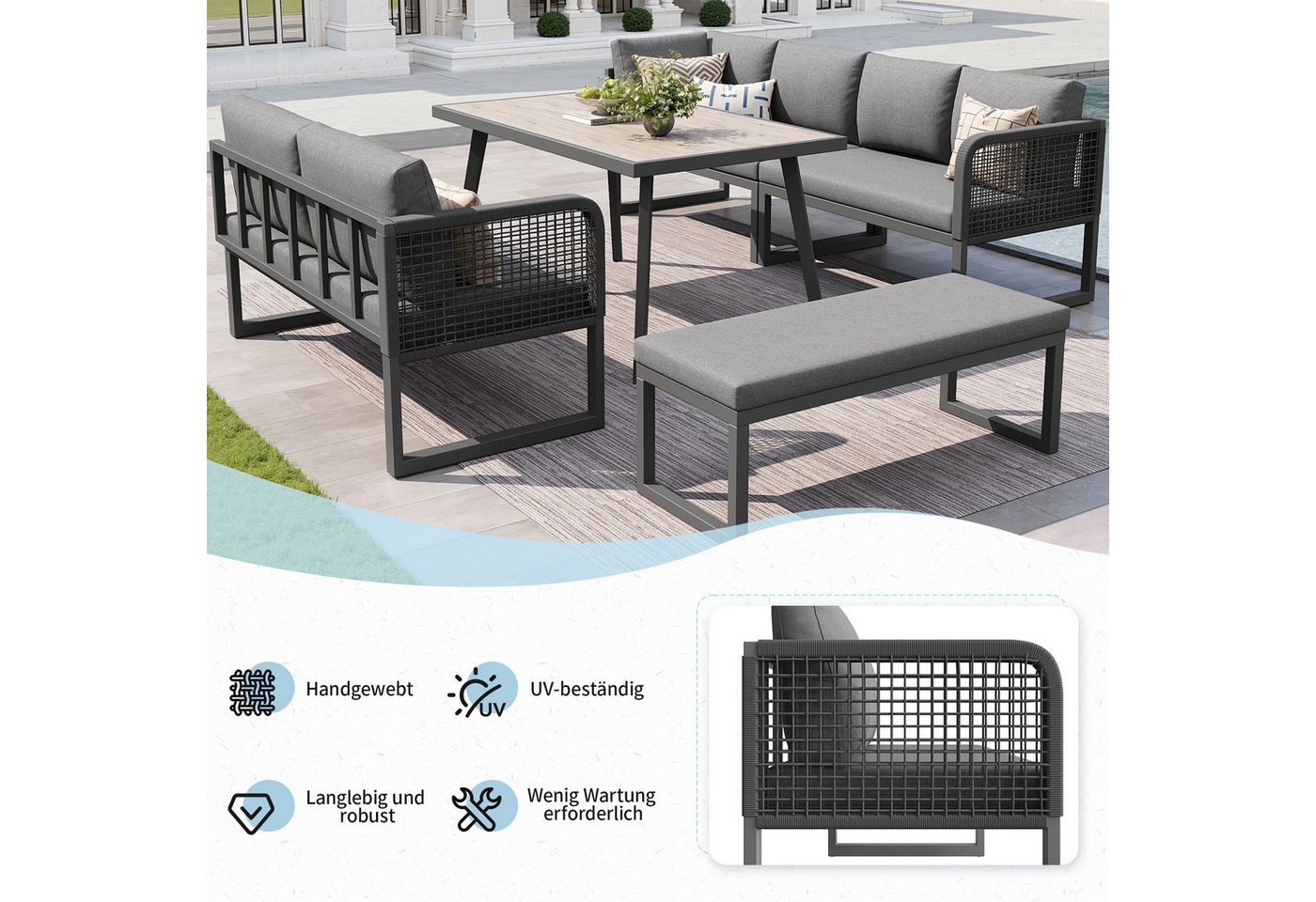 i@home Gartenlounge-Set, (5-tlg), für 6-8 Personen, Handgeflochtene PE-Rattan Polstergruppe,Wetterfestes – Bild 4 von 5