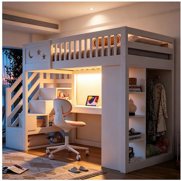 i@home Hochbett Aus Holz-Hochbett,Multifunktionsbett,Loft-Bett,mit Stauraum,90x200cm mit Schreibtisch,LED-Beleuchtung,Steckdose,Kleiderschrank,Weiß