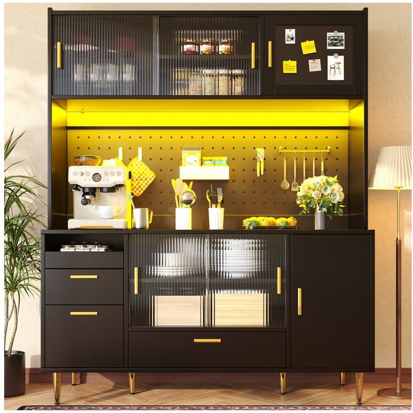 i@home Hochschrank Buffetschrank,Küchenschrank,Geschirrschrank,schwarz,140x40x80cm mit LED-Beleuchtung&Lochwand,Glas-Schiebetüren&Magnettür,Max 60 kg