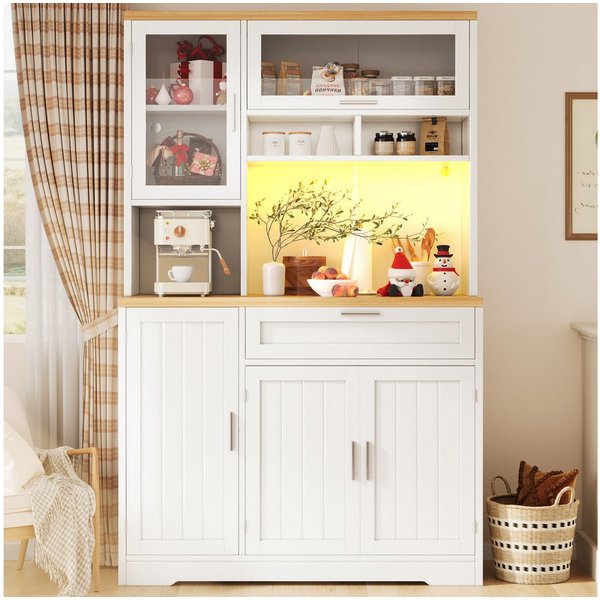i@home Hochschrank Küchenschrank, 104x40x180cm Vitrine mit LED-Beleuchtung, weiß/schwarz, für Küche & Wohnzimmer